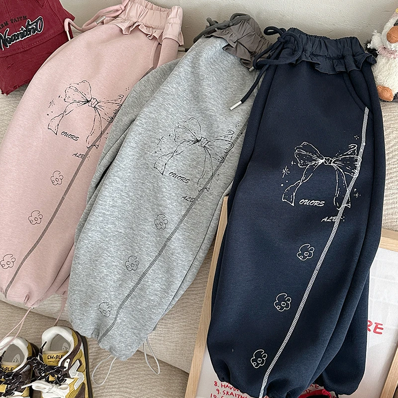 【DS】秋季新款儿童休闲百搭花边印花蝴蝶结卫裤女童长裤HCD122