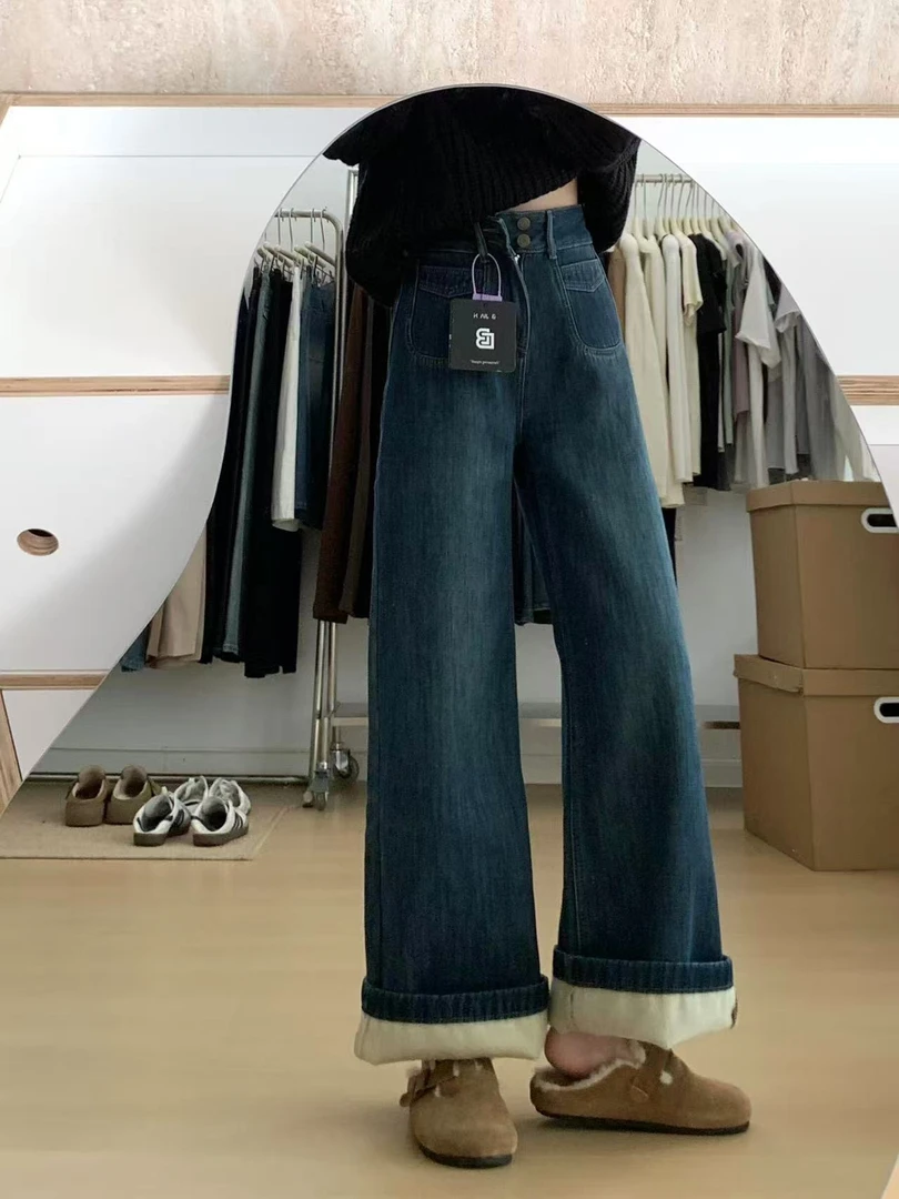 高腰阔腿牛仔裤女小个子秋冬加绒胖mm大码宽松慵懒风松弛感直筒裤