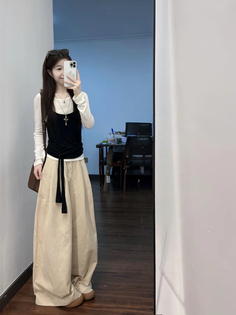 【盛开】气质时尚黑色吊带上衣减龄高级感白色打底衫高腰卡其长裤