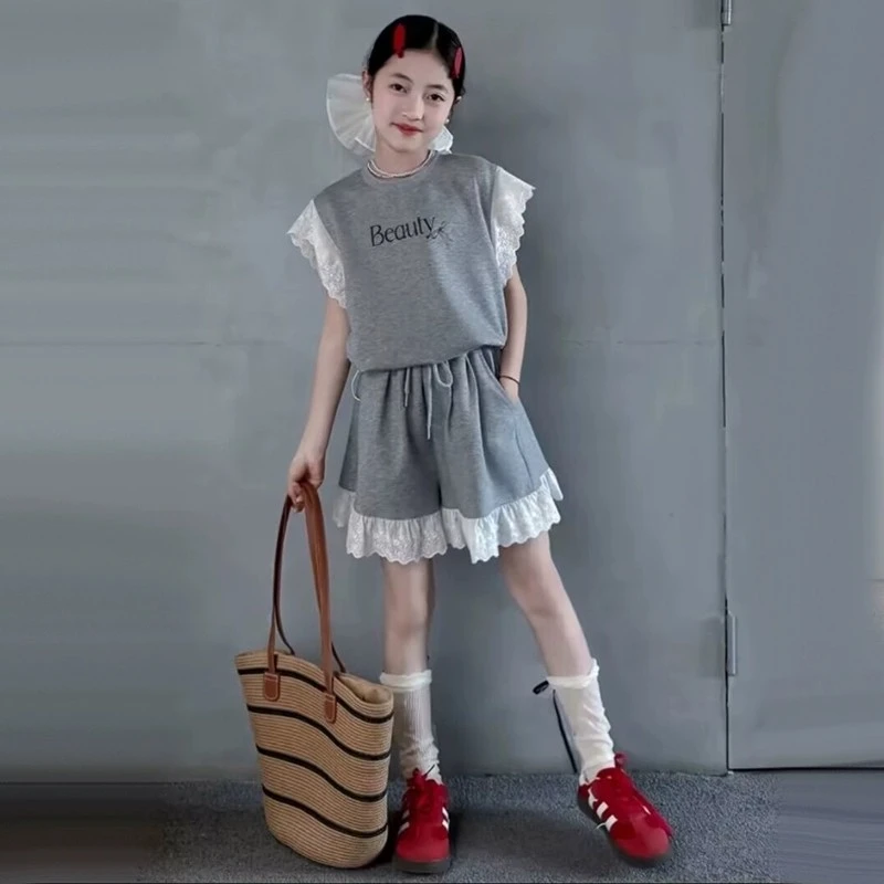 中大女童韩版小资洋气短裤套装旅游度假休闲两件套夏新款少女套装