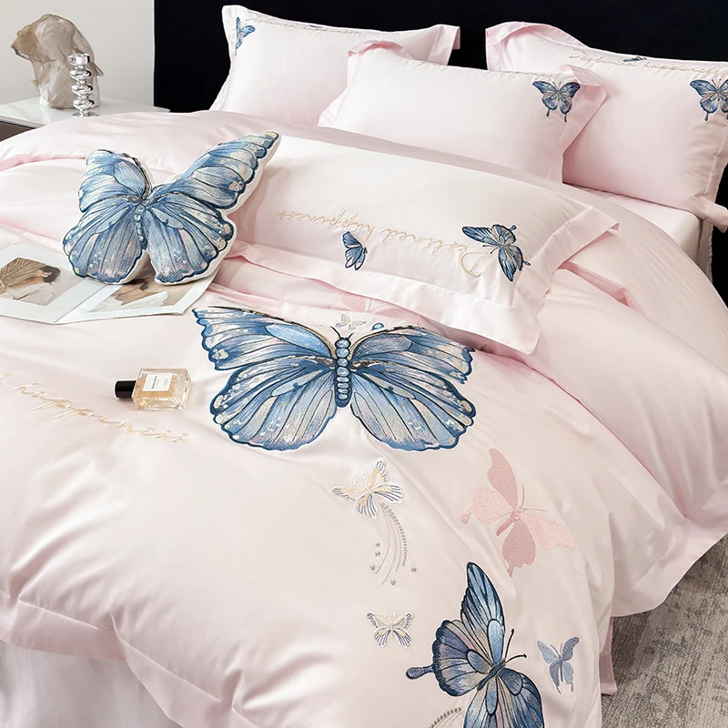 轻奢风A类母婴级长绒棉纯棉四件套刺绣全棉被套裸睡床单床上用品