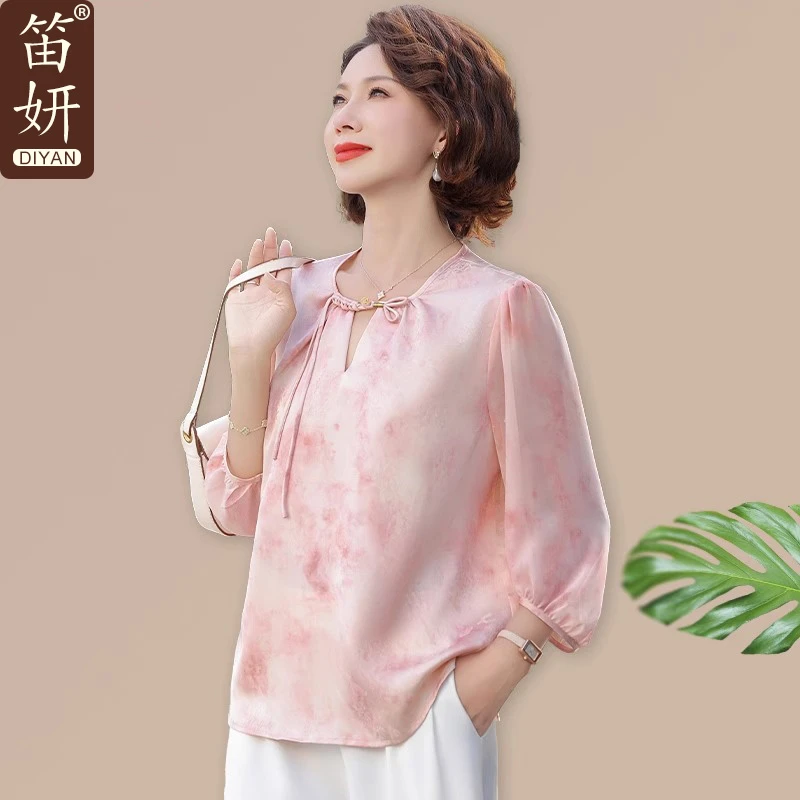 妈妈夏装雪纺小衫中老年女夏季七分袖T恤上衣贵夫人衬衫两件套装