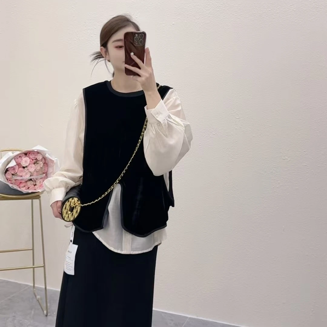 新款时尚减龄大码假两件丝绒衬衫