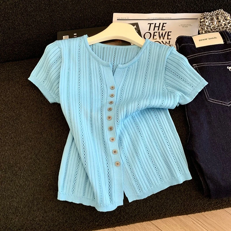 百搭钩花镂空短袖针织开衫女2025夏季新款时尚高级感显白薄款上衣