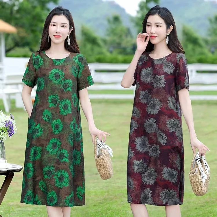 连衣裙宽松复古妈妈装夏装气质过膝609