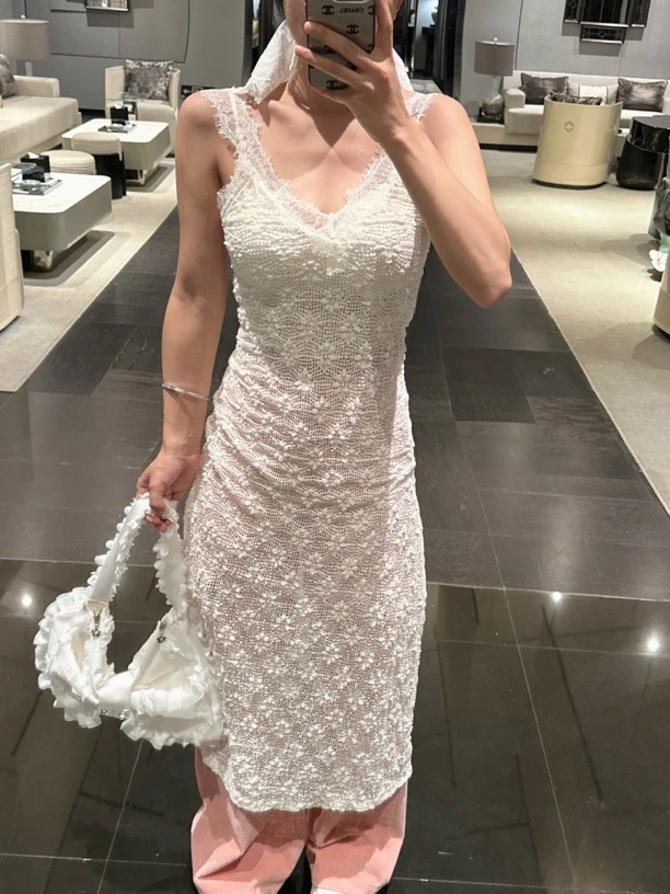 LILULU 桃心花香 蕾丝连衣裙开叉叠穿春夏无袖纯欲名媛