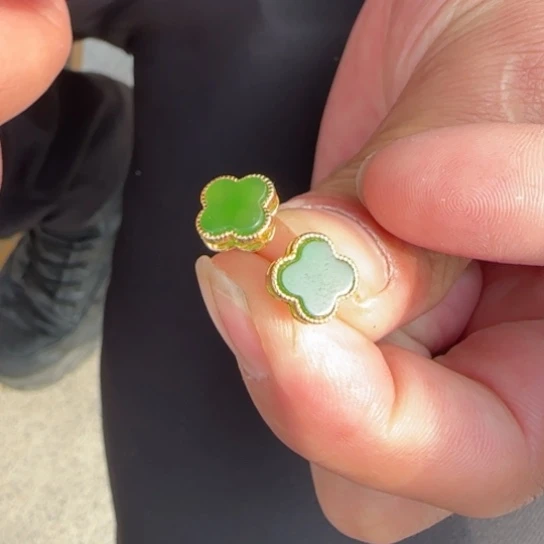 和田玉耳饰银S925镶嵌四叶草俄罗斯