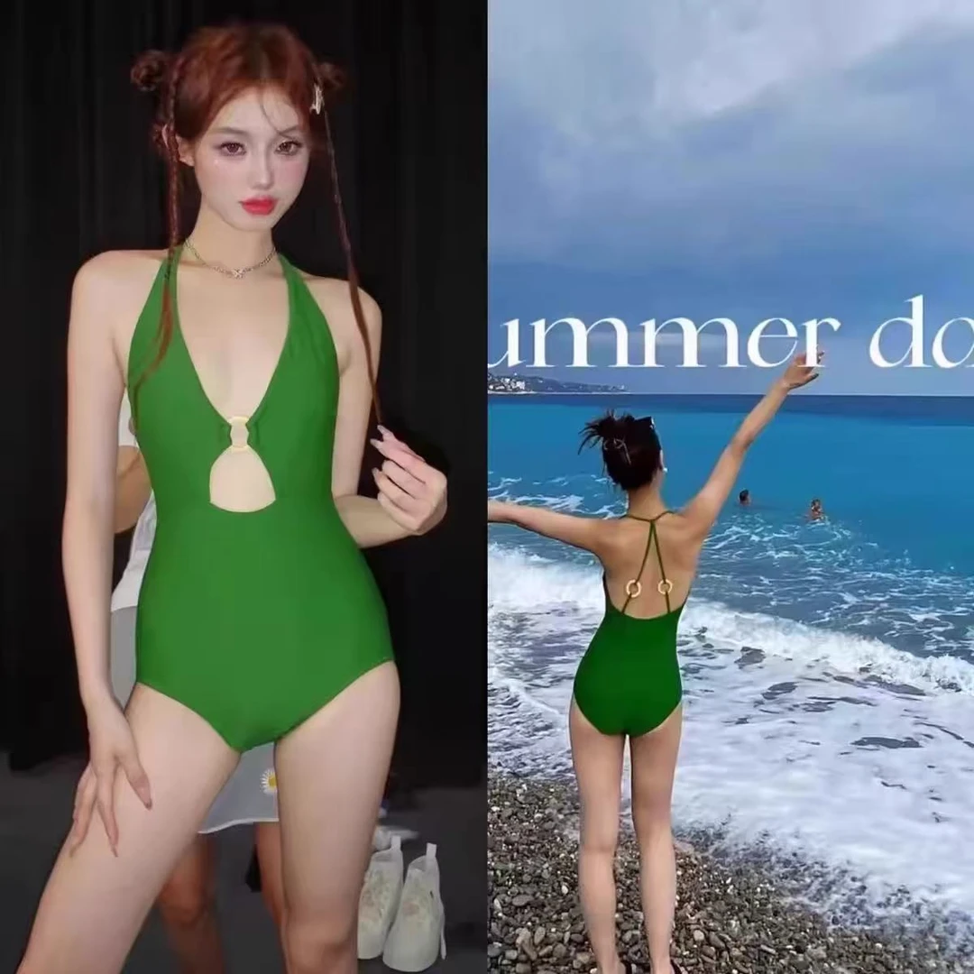 绿色海滩连体泳衣女显瘦绑带性感遮肚温泉沙滩度假气质网红1698