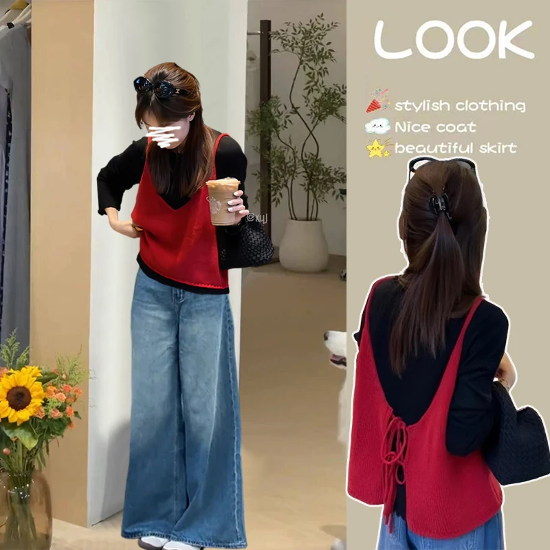 早秋穿搭一整套女2025超火绑带针织马甲叠穿打底衫牛仔裤三件套装