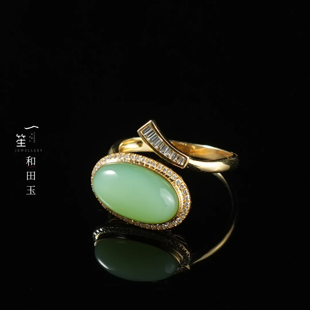【一笙珠宝】天然和田玉新疆黑羊洞薄荷绿戒指18k金镶嵌 YS20346