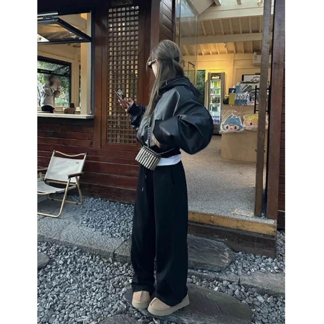 慵懒松弛感阔腿卫裤女春秋新款韩版高腰宽松垂感休闲黑色运动长裤