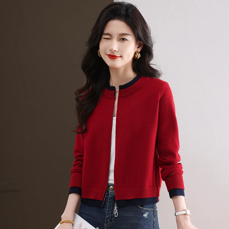 2025春装新款假两件拉链上衣女外套小个子短款长袖针织衫棒球服