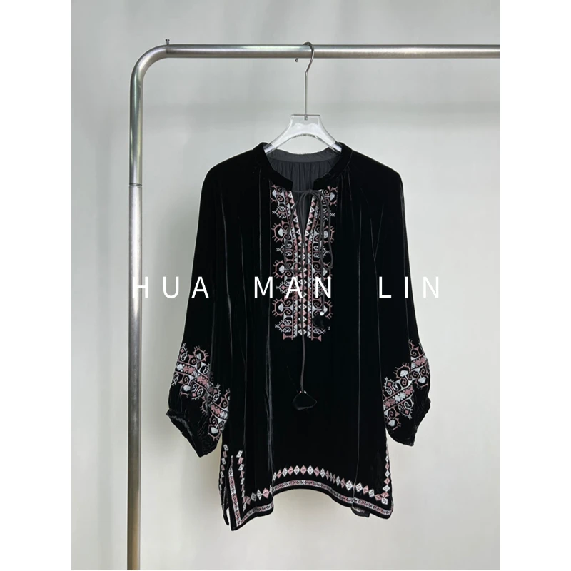 【花满林】圆领系带刺绣两侧开叉真丝桑蚕丝丝绒长袖上衣62566