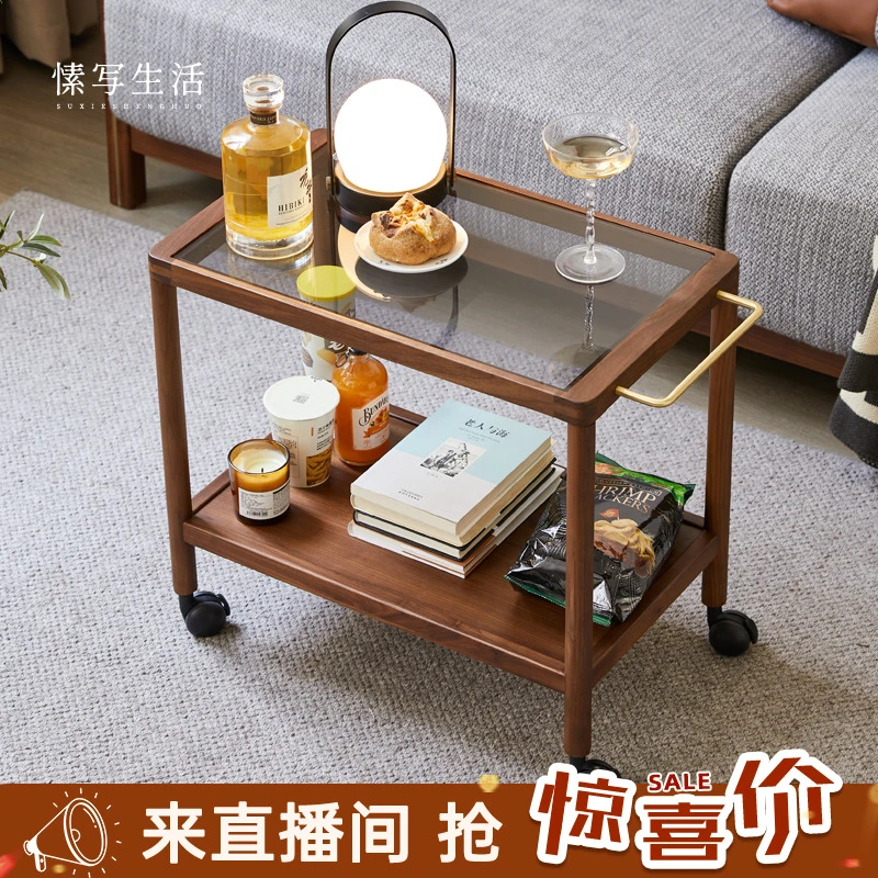 玻璃边几角几黑胡桃木手推移动收纳玻璃小推车置物架