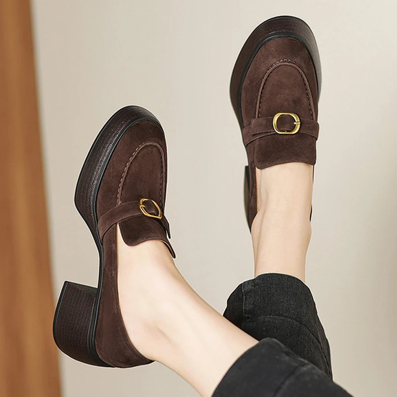 真皮时尚厚底高跟鞋粗跟单鞋女百搭英伦复古加绒保暖深口乐福鞋子