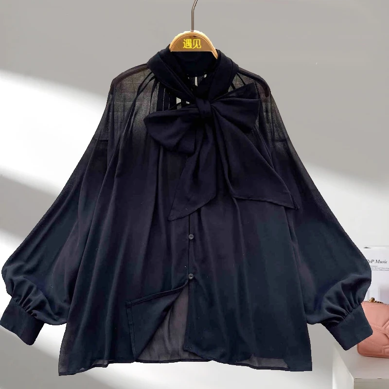 轻熟风女装欧美通勤显瘦印花雪纺衬衫女设计感领口蝴蝶结系带上衣