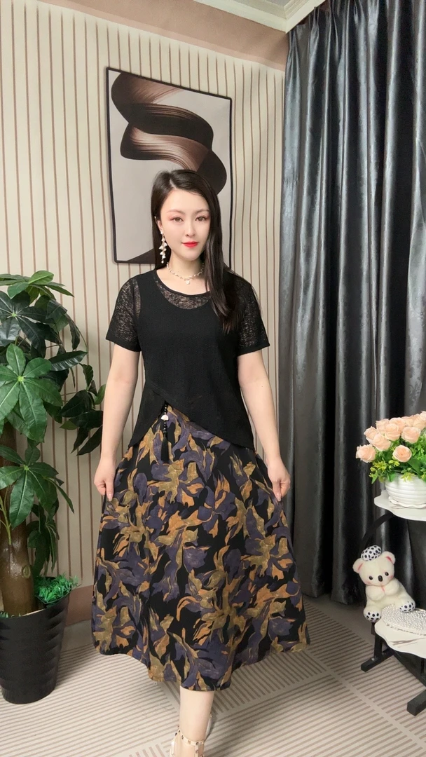 时尚不褪色圆领常规短袖连衣裙蕾丝裙子长裙女士气质百搭807