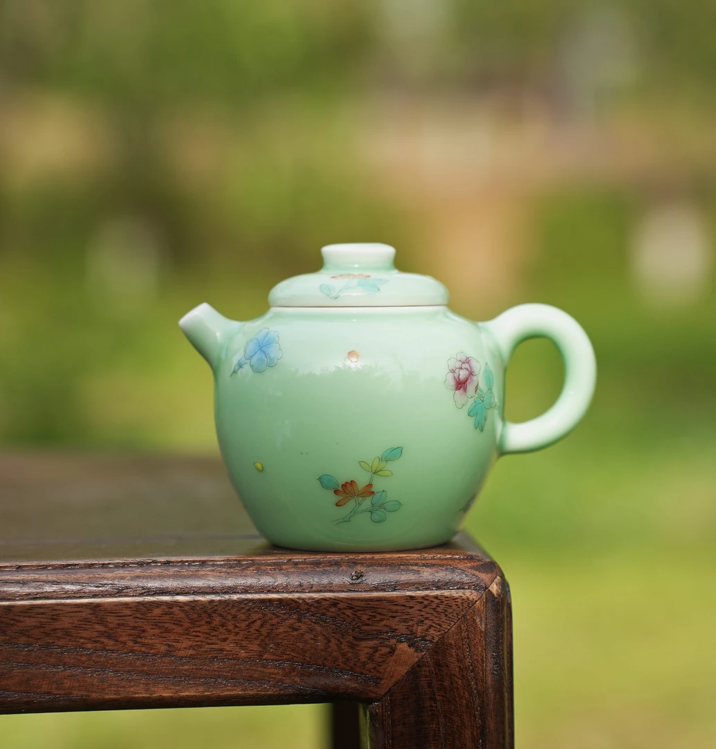 绿釉手绘古彩小碎花巨轮朱小壶 中式花卉文人茶器纯手工家用陶瓷