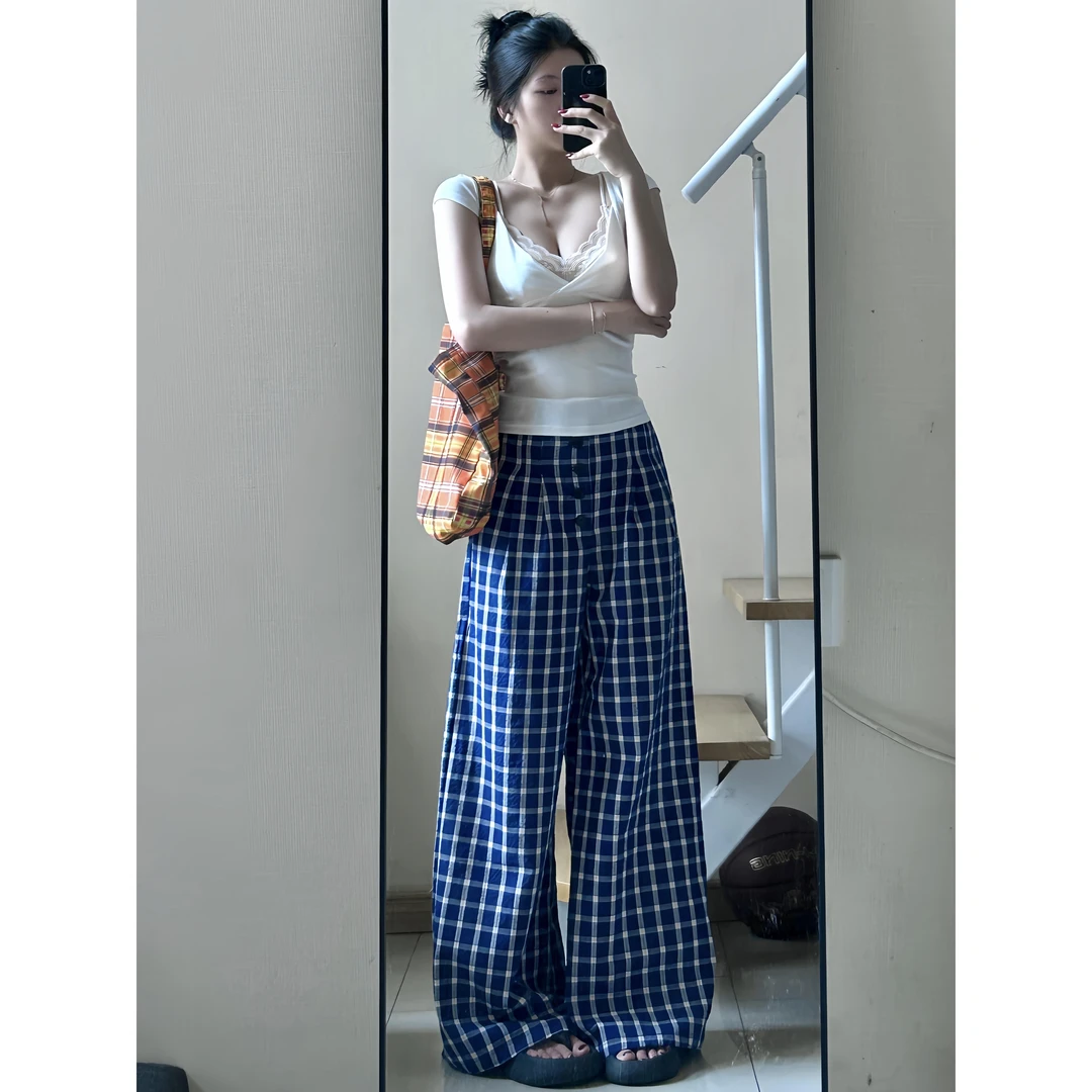 美式纽扣格纹阔腿休闲裤女夏季新款单排扣高腰宽松显瘦垂感直筒裤