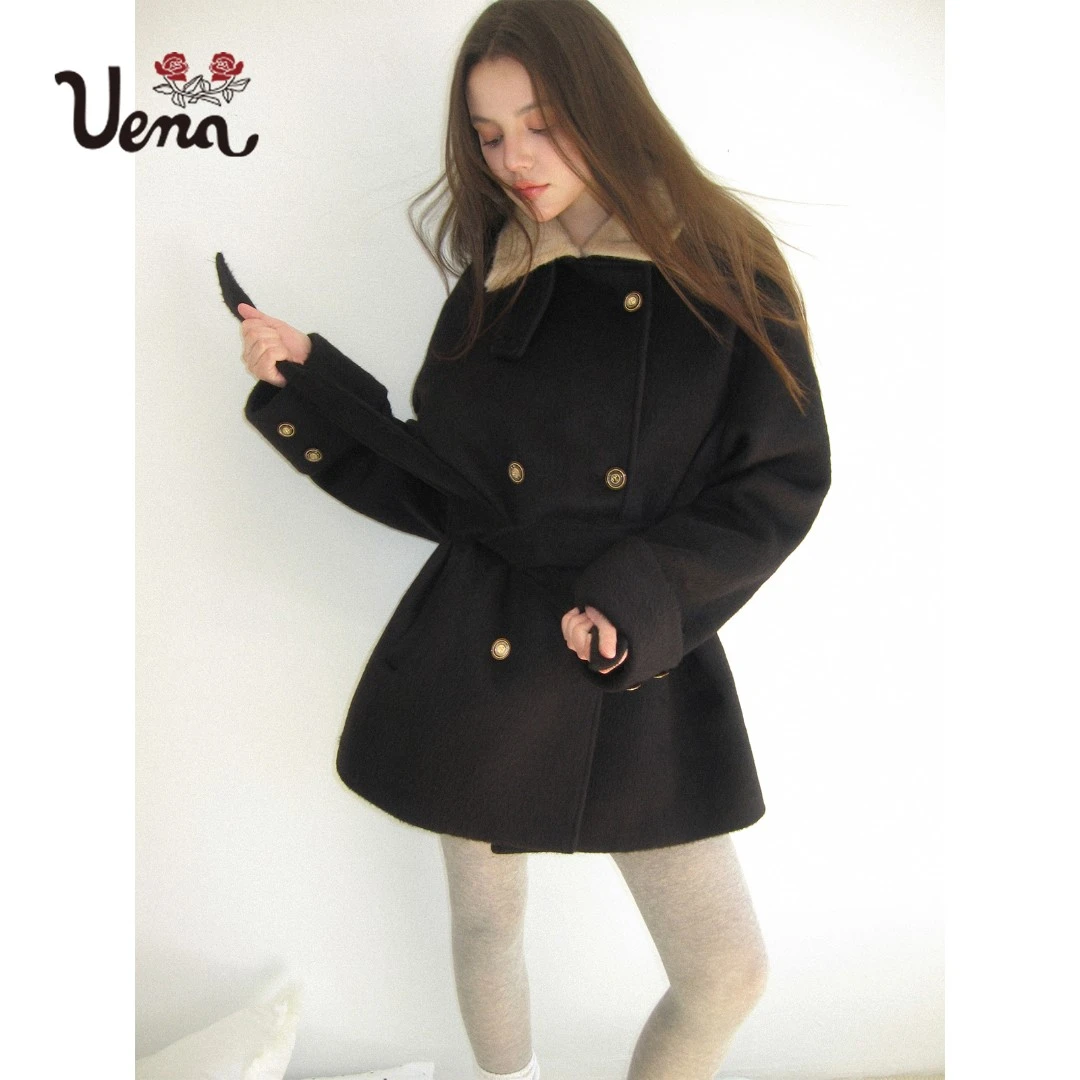 【千纸云间】Uena美式复古黑色拼接撞色毛领长款毛呢外套附腰带女