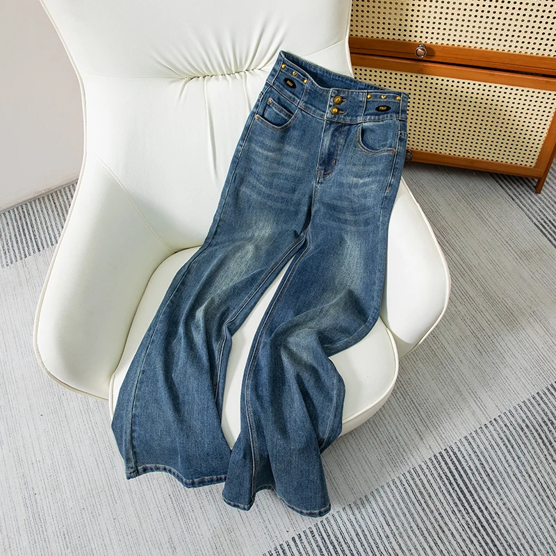 春季高腰阔腿牛仔裤女2025新款宽松显瘦小个子不贴腿弹力微喇裤子
