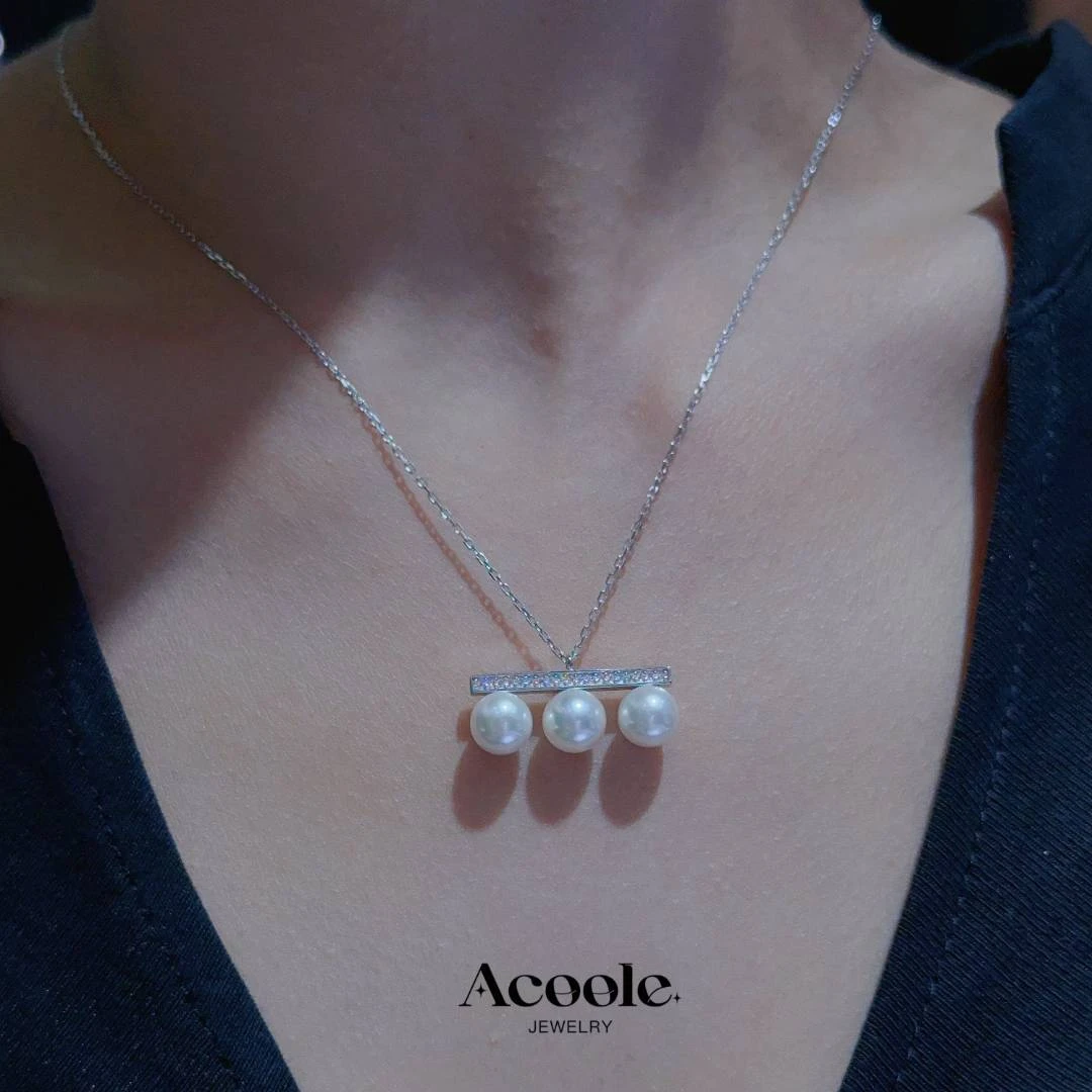 Acoolers925海水珍珠项饰三珠平衡木   时尚气质款