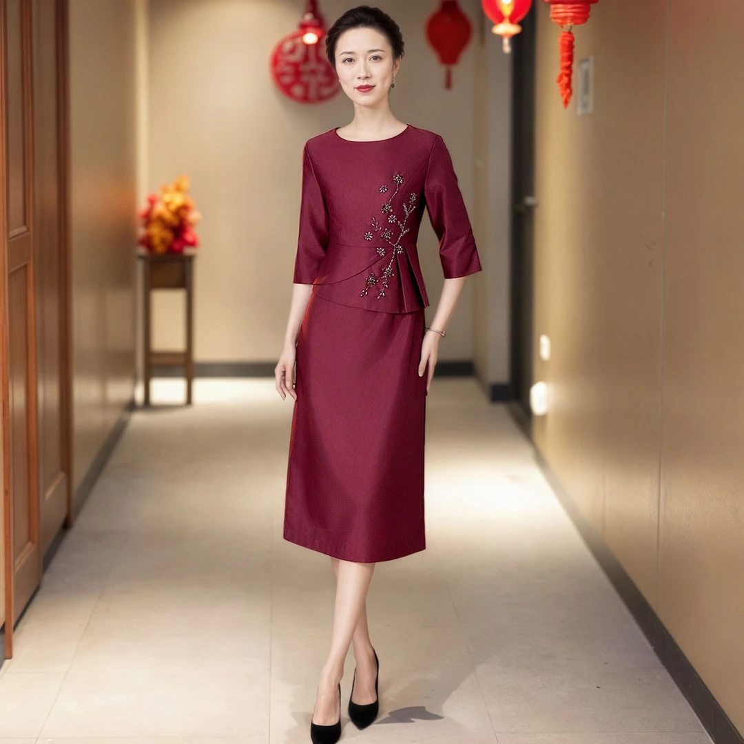 J213春秋新款2025敬酒时尚假两件喜婆婆婚宴礼服连衣裙显瘦减龄