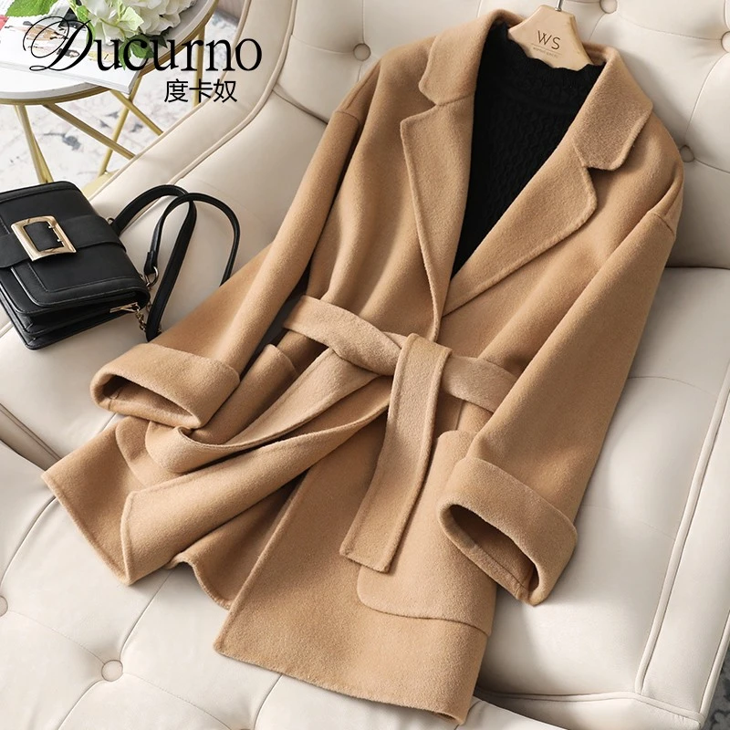 高级感双面呢大衣女小个子短款2026年秋冬新款高端系带毛呢外套女