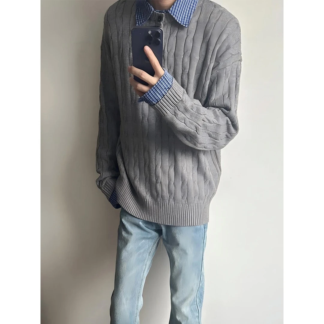 YKEE假两件格子拼接毛衣男款秋季美式复古高级感慵懒风针织打底衫