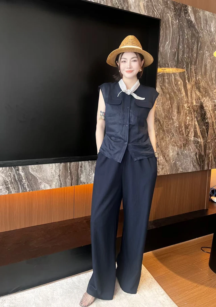 夏季中国风气质衬衫上衣阔腿休闲风时尚套装显瘦