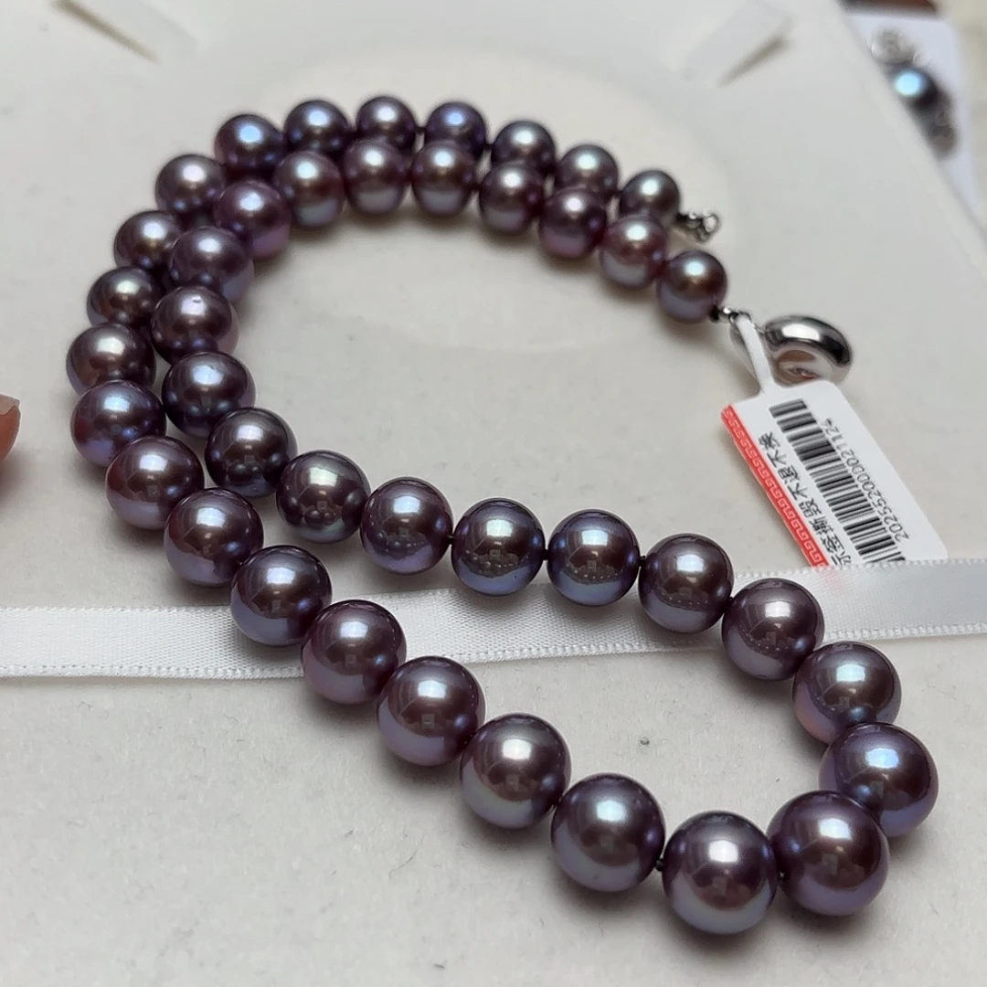 银S925镶嵌颈饰淡水珍珠9-12近正圆蓝莓妖紫