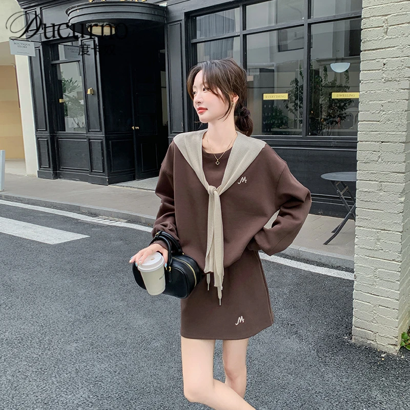 休闲减龄卫衣套装裙女2025新款早秋季穿搭气质披肩上衣短裙两件套