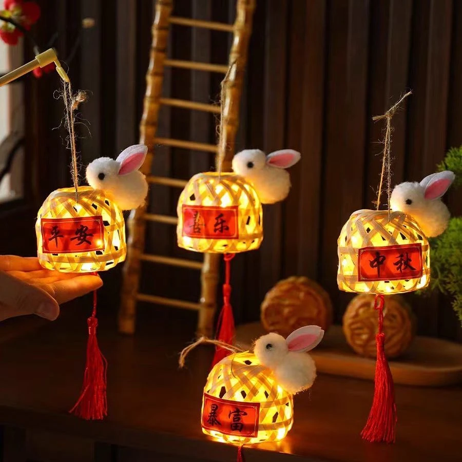 网红新款竹编兔子灯笼中秋节儿童手提发光玩具礼品摆摊小商品批发