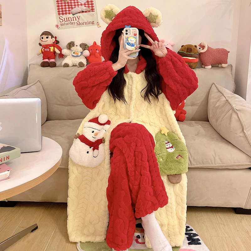 2025绒睡袍女秋冬季新款加绒加厚新年红色雪人连帽套装家居服加厚