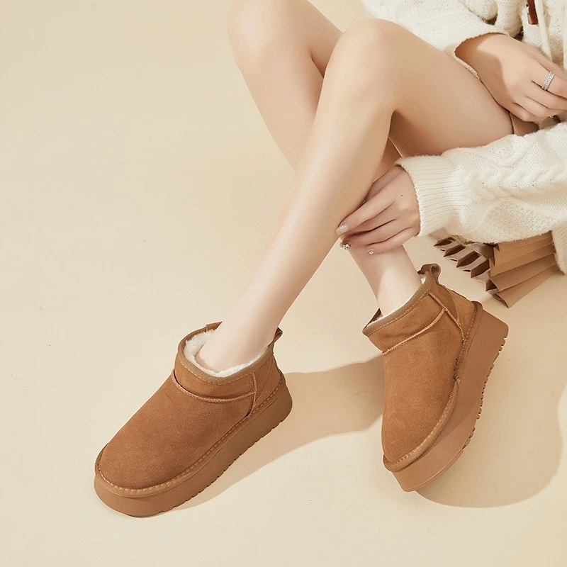 牛皮厚底雪地靴羊毛保暖内里加厚防滑时尚百搭真皮加绒冬季舒适