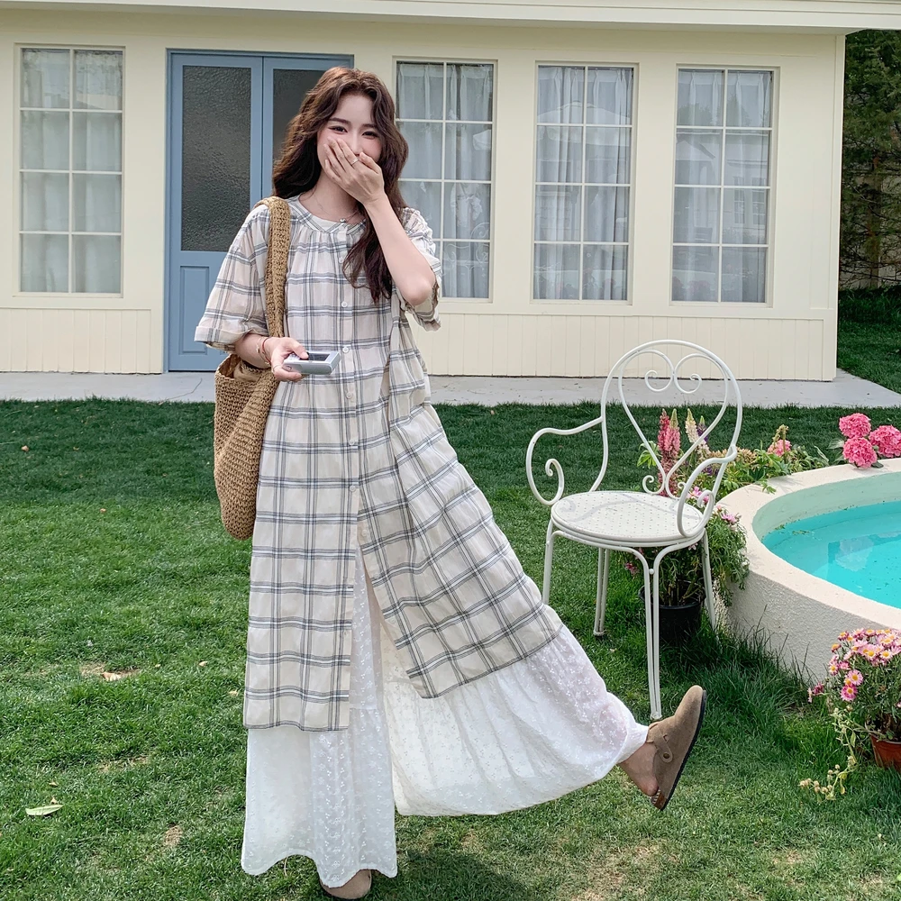 白色复古格子衬衫裙套装女夏季2025新款韩版减龄提花阔腿裤两件套