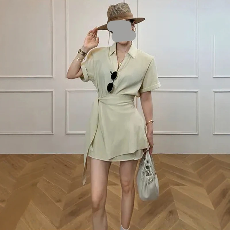 设计感绑带收腰显瘦衬衫连衣裙高腰短裤两件套女夏季时尚休闲套装