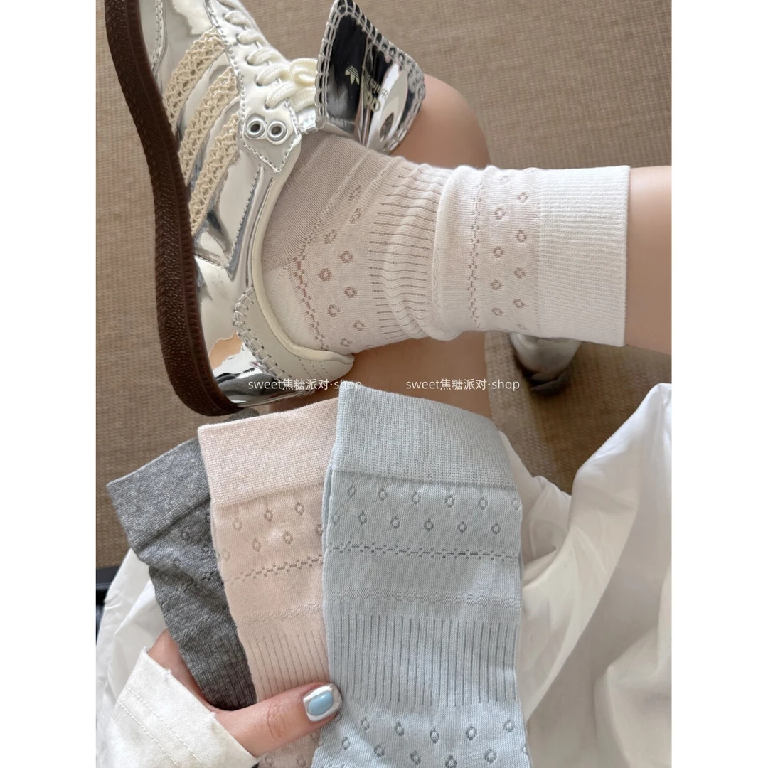 5色·韩系奶油系春夏镂空小花薄款透气无骨甜美百搭中筒堆堆