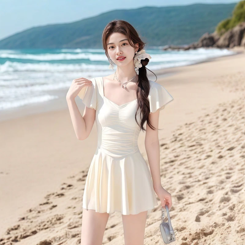 韩版温泉吊带女纯欲风连体少女显瘦游泳衣高级泳衣保守海边感遮肉