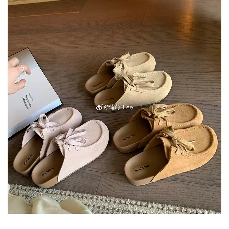 牛皮版葡萄妈同款慵懒腔调复古包头系带牛反绒一脚蹬半拖鞋勃肯鞋