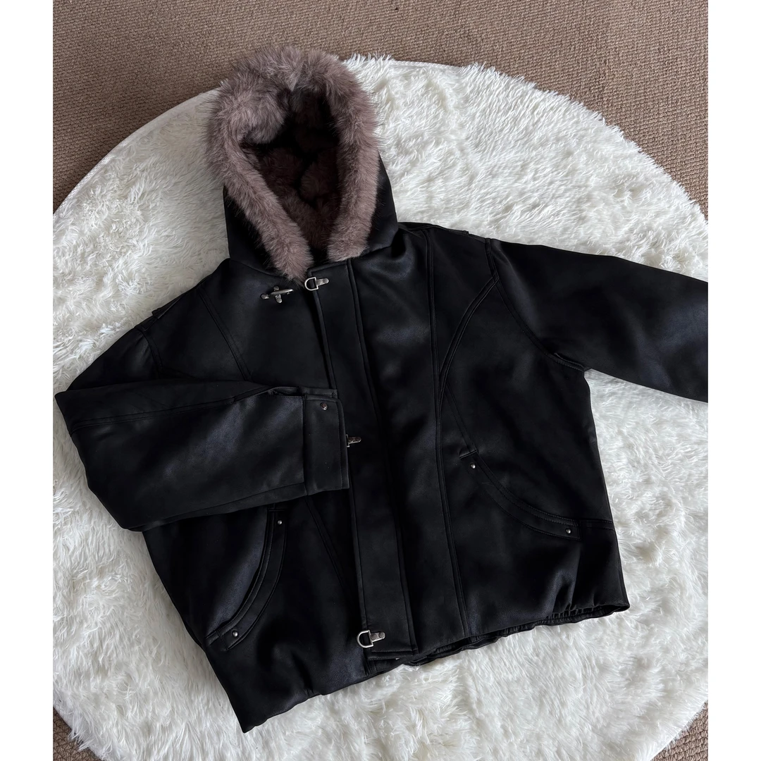 SYRI 荔枝纹软皮毛领连帽座山雕外套宽松休闲棉服冬季保暖棉衣