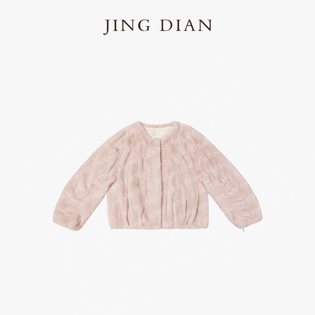 【JING DIAN】粉色《桃色密语》袖子抽皱水貂皮草外套