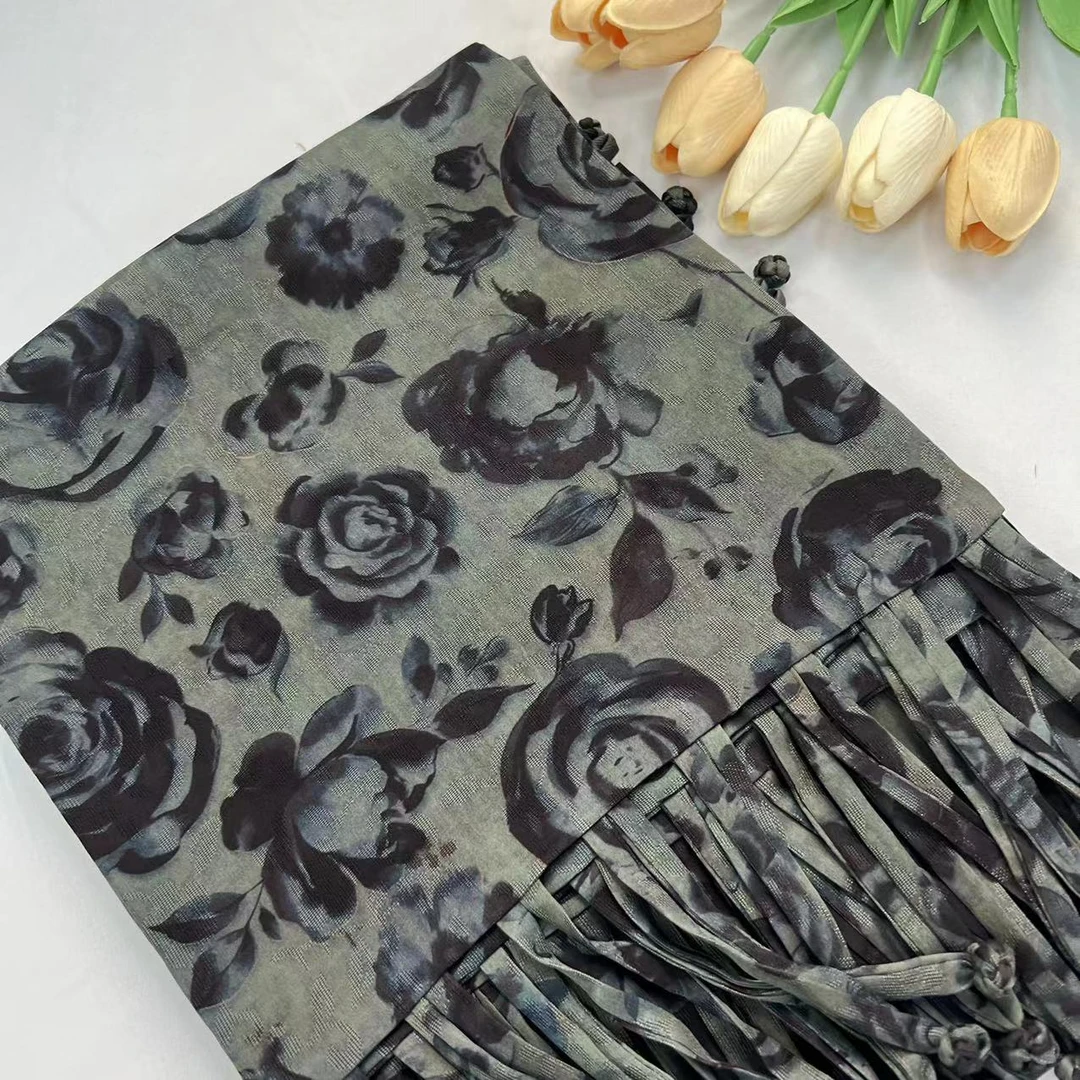 香云纱长巾-绿花玫瑰  53*190cm流苏盘扣披肩