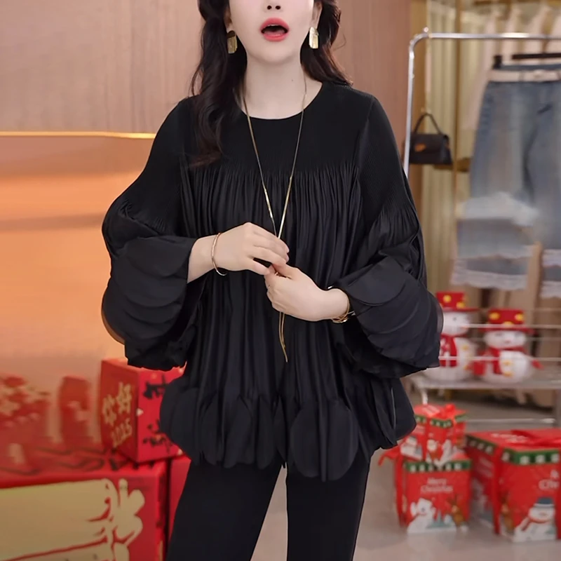 黑色荷叶边衬衫女士2025秋季新款洋气减龄宽松显瘦设计感别致上衣