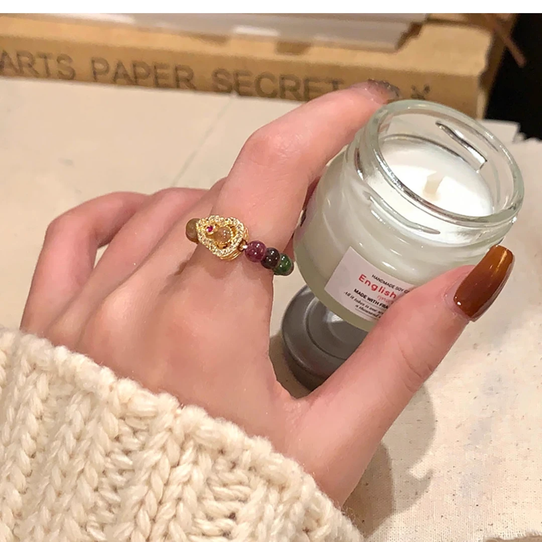 黄铜戒指 新中式葫芦彩色串珠戒指女新款复古小众设计高级感指环