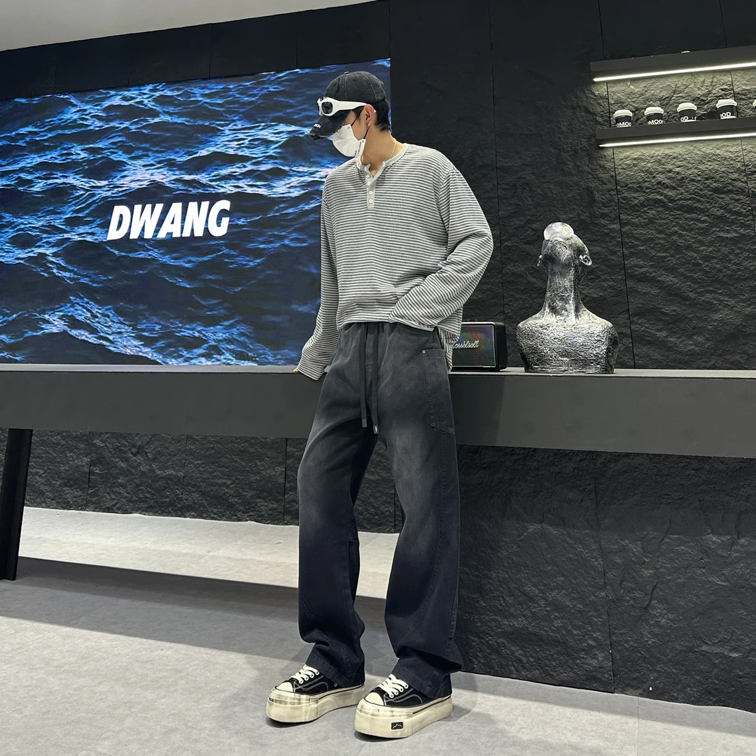 冬季男士加绒百搭宽松裤系带阔腿水洗纯色时尚牛仔裤高街ol韩版