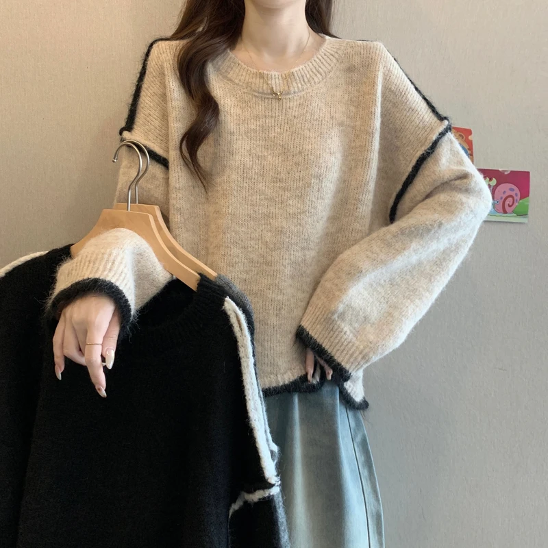 宽松慵懒风撞色灰色长袖毛衣大码女装秋冬2025新款遮肉针织衫上衣