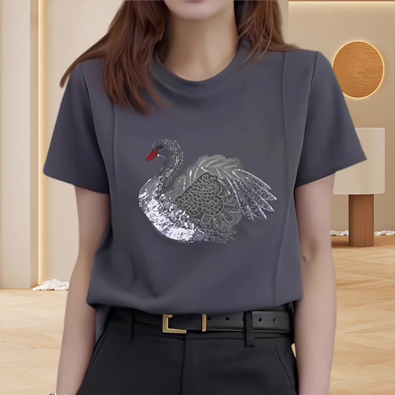 夏季纯棉大码灰色t恤女式短袖欧货新款时尚气质重工天鹅印花上衣