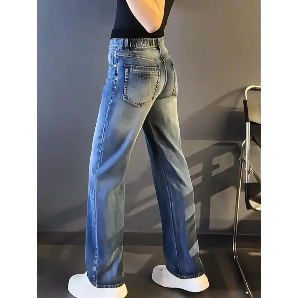 高档男装大码春秋男士时尚新款蓝色牛仔裤阔腿休闲显瘦长裤子宽松