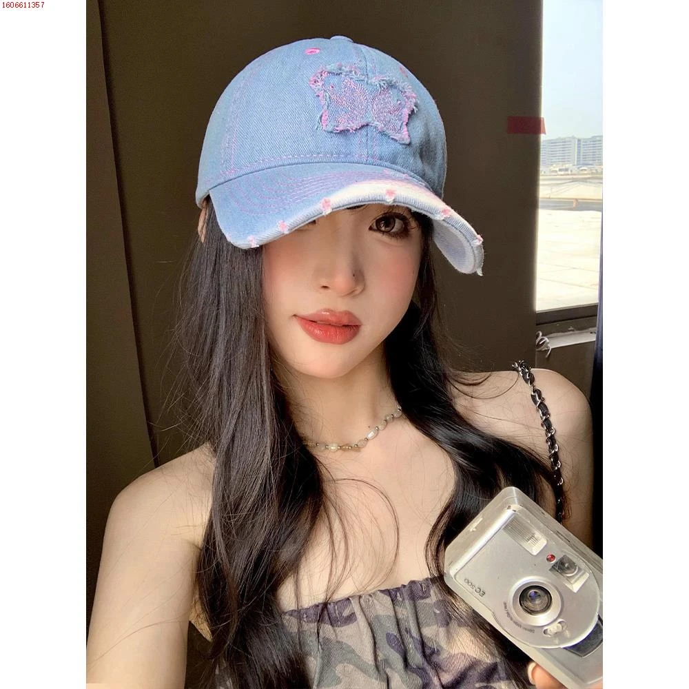 蝴蝶百搭牛仔棒球帽女宽帽檐大脸显脸小网红鸭舌帽大头围软顶帽子